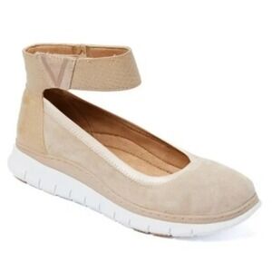 Vionic Camille Suede Ballet Flats Ankle Strap Size 10 Beige Comfort Arch Support